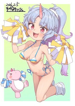 +_+ 1girl :d adversarial_noise animal_ear_piercing animal_ears armpits artist_name bikini blue_hair blush border breasts cheering collarbone dated epica_(trickcal) gradient_background gradient_hair grey_background hair_ornament hair_scrunchie hands_up high_ponytail highres holding holding_pom_poms horns kanabun kneeling loli long_hair looking_at_viewer medium_breasts micro_bikini multicolored_hair navel open_mouth oppai_loli outside_border pom_pom_(cheerleading) pom_poms ponytail purple_hair red_eyes scrunchie shoes side-tie_bikini_bottom single_horn smile sneakers solo stuffed_unicorn swimsuit teeth tongue trickcal unicorn_girl upper_teeth_only variant_set white_border white_scrunchie white_shoes