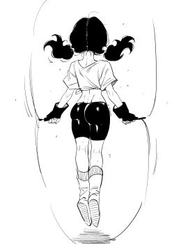  1girl absurdres ass back bike_shorts black_hair boots dragon_ball dragonball_z exercising fingerless_gloves ghouse_01 gloves highres jump_rope long_hair monochrome shirt sketch sweat tank_top tied_shirt twintails videl 