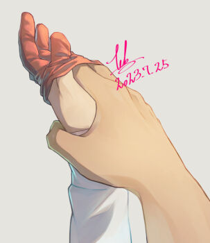  1boy 1girl 2023 andy_(undead_unluck) dated gloves grey_background hand_focus hand_under_clothes holding_hands izumo_fuuko long_sleeves orange_gloves signature simple_background tebbbba undead_unluck  rating:General score:17 user:danbooru