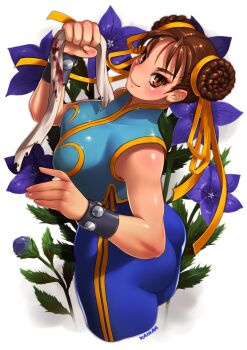  1girl ass bracelet breasts brown_hair capcom chun-li cropped_legs double_bun hair_bun hair_ribbon highres jewelry kainan large_breasts looking_at_viewer ribbon solo street_fighter street_fighter_zero_(series) yellow_ribbon 