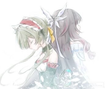  2girls artist_name back-to-back bare_shoulders black_bow black_dress black_hair black_sleeves bow breasts brown_hair closed_eyes columbina_(genshin_impact) commentary_request detached_collar detached_sleeves dress feathered_wings frilled_hairband frills from_behind gem genshin_impact gradient_hair hair_bow hair_bun hair_ornament hair_tubes hairband head_wings jewelry key lapels long_hair long_sleeves medium_breasts mpginyuu multicolored_hair multiple_girls multiple_wings no_mouth off-shoulder_dress off_shoulder pendant petals purple_hair red_gemstone red_hairband sandrone_(genshin_impact) short_hair_with_long_locks sidelocks simple_background sleeveless sleeveless_dress strapless strapless_dress two-tone_dress two-tone_hair upper_body watermark white_background white_dress wide_sleeves wing_collar wings x_hair_ornament 