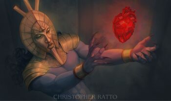  1boy artist_name black_hair christopher-ratto claws colored_skin dagoth_ur dagoth_ur's_mask floating floating_object glowing_gem grey_background grey_skin heart_(organ) highres long_hair male_focus mask solo the_elder_scrolls the_elder_scrolls_iii:_morrowind third_eye upper_body wristband 
