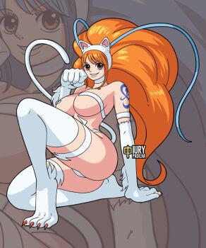  1girl animal_ears animal_feet animal_hands arm_support artist_name ass bare_shoulders big_hair breasts brown_eyes cat_ears cat_girl cat_tail closed_mouth commentary commission cosplay curvy darkstalkers english_commentary felicia_(darkstalkers) felicia_(darkstalkers)_(cosplay) full_body huge_ass iury_padilha large_breasts long_hair looking_at_viewer nami_(one_piece) on_one_knee one_piece orange_hair parted_lips shoulder_tattoo signature solo tail tattoo thighs very_long_hair white_fur wide_hips zoom_layer 