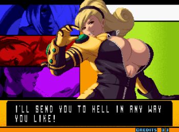  4girls angel_(kof) blonde_hair bodysuit breasts brown_eyes bursting_breasts curly_hair curvy female_focus gloves hairband highres large_breasts lien_neville long_hair looking_at_viewer multiple_girls nakamangahikari no_bra official_style parted_lips pixel_art shermie_(kof) shiranui_mai short_hair skin_tight smile smiley_face snk teeth the_king_of_fighters the_king_of_fighters_2001 tight_clothes unzipped victory_pose white_hair wide_hips 