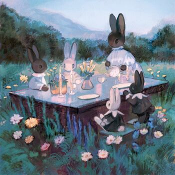  1girl 4others animal_ears candle child cup dress flower furry furry_female highres mother_and_child multiple_others original outdoors painterly plate rabbit_ears rabbit_girl table teacup teapot tono_(rt0no) vase white_dress 