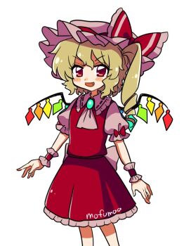  1girl artist_name ascot back_bow blonde_hair blush bow brooch clip_studio_paint_(medium) collared_shirt commentary crystal crystal_wings fang flandre_scarlet frilled_shirt_collar frilled_skirt frills hat jewelry long_sleeves looking_at_viewer maa_(forsythia1729) mob_cap multicolored_wings one_side_up open_mouth puffy_long_sleeves puffy_sleeves red_bow red_eyes red_skirt red_vest ribbon-trimmed_collar ribbon_trim shirt simple_background skirt skirt_set sleeve_bow smile solo touhou vest white_ascot white_background white_bow white_hat white_shirt wings 