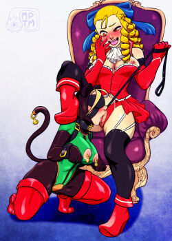 2girls adapted_costume ascot bdsm bell black_legwear blindfold blonde_hair blush bodysuit bondage bondage_outfit boots bound bow breasts cammy_white capcom cat_tail crotchless crotchless_panties cunnilingus dominatrix elbow_gloves female_focus femdom full-face_blush gloves hair_bow kanzuki_karin kneeling leash lipstick long_hair makeup multiple_girls my_pet_tentacle_monster nipple_bells nipple_cutout nipple_piercing nipple_rings nipples oral orange_eyes panties paw_pose pet_play piercing pussy pussy_juice raised_eyebrow red_gloves red_panties ringlets sensory_deprivation showgirl_skirt simple_background sitting slave squatting street_fighter tail tail_bell tail_ornament thigh_boots thighhighs throne uncensored underwear yuri rating:Explicit score:167 user:dmysta3000