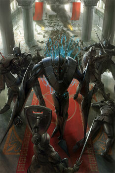  armor aura battle blau_jack blood blue_eyes carpet column epic fire flag glowing glowing_eyes group_battle helmet knight noba pillar pixiv_fantasia pixiv_fantasia_4 shield smoke stairs sword weapon  rating:Sensitive score:41 user:danbooru