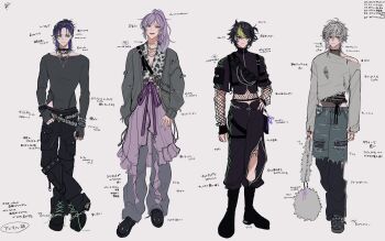  4boys alternate_costume bag belt black_choker black_hair black_jacket black_pants blue_hair bracelet bridge_piercing cardigan choker clothing_cutout commentary_request crop_top denim denim_shorts ear_piercing eyewear_on_head face_piercing facing_viewer fishnet_sleeves fishnets full_body fur_bag grey_cardigan grey_hair grey_pants grey_shirt hand_on_own_hip heterochromia high_collar high_ponytail highres holding holding_bag hoshirube_sho inami_rai jacket jewelry koyanagi_rou leg_cutout long_hair long_sleeves looking_to_the_side medium_hair multicolored_hair multiple_boys murakumo_kagetsu necklace nijisanji open_cardigan open_clothes pants piercing pink_eyes ponytail print_shirt purple_hair purple_ribbon purple_skirt ribbon shirt short_hair shorts simple_background skirt spiked_bracelet spikes streaked_hair tonatto tongue tongue_out torn_clothes torn_pants torn_shirt virtual_youtuber white_background yellow_eyes 