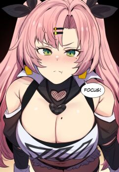  1girl :t absurdres black_ribbon blush breasts closed_mouth commentary crop_top english_commentary english_text green_eyes hair_ornament hair_ribbon hairclip highres hinghoi large_breasts looking_at_viewer mole mole_on_breast mole_under_eye multiple_moles navel nicole_demara pink_hair ribbon solo speech_bubble standing stomach strapless thighs tube_top two_side_up white_tube_top zenless_zone_zero  rating:Sensitive score:6 user:danbooru