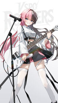  1girl absurdres belt black_belt black_hair black_nails black_skirt clenched_teeth collared_shirt cropped_shirt floating_hair guitar highres holding holding_guitar holding_instrument holding_plectrum instrument long_hair long_sleeves looking_at_viewer mixed-language_commentary muchi2p multicolored_hair pink_hair pink_nails pink_skirt plectrum shirt skindentation skirt smile solo split-color_hair standing tachibana_hinano teeth thighhighs two-tone_hair two-tone_skirt very_long_hair virtual_youtuber vspo! white_belt white_shirt white_thighhighs zettai_ryouiki 