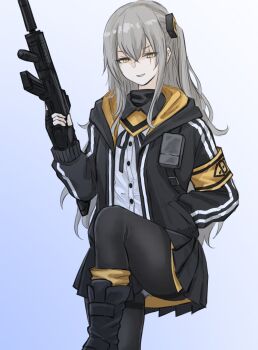  1girl 404_logo_(girls'_frontline) absurdres armband ass black_boots black_gloves black_jacket black_pantyhose black_ribbon black_skirt blue_background boots commentary_request contrast_collar crossed_bangs double-parted_bangs dress_shirt eotech fingerless_gloves fuku_(fuku12290574) girls'_frontline gloves gradient_background grey_hair gun h&amp;k_ump hair_between_eyes highres holding holding_gun holding_weapon hood hood_down hooded_jacket jacket layered_skirt leg_up long_hair long_sidelocks looking_at_viewer neck_ribbon one_side_up panties pantyhose pantyshot parted_lips pleated_skirt ribbon scar scar_across_eye scar_on_face shirt sidelocks skirt solo submachine_gun suppressor thighband_pantyhose trigger_discipline two-sided_fabric two-sided_jacket ump45_(girls'_frontline) underwear unmoving_pattern very_long_hair weapon white_background white_panties white_shirt yellow_armband yellow_eyes yellow_jacket yellow_skirt 