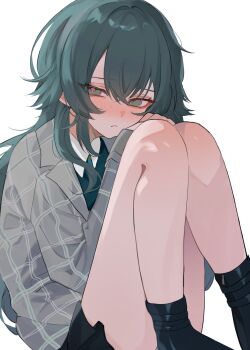  1girl black_boots black_skirt blush boots closed_mouth coat collared_shirt commentary_request feet_out_of_frame gakuen_idolmaster green_eyes green_hair grey_coat hair_between_eyes highres idolmaster knees_to_chest knees_up long_hair long_sleeves looking_at_viewer miniskirt ruo_015 shirt simple_background sitting skirt solo tsukimura_temari upskirt white_background 