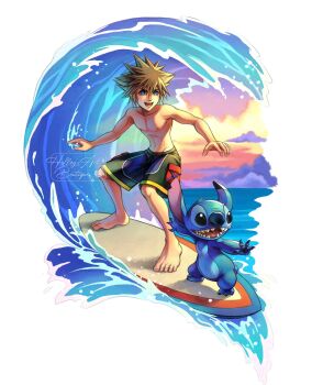  blue_eyes commentary english_commentary full_body highres hollypolllyy kingdom_hearts kingdom_hearts_ii male_swimwear nomura_tetsuya_(style) ocean pose_imitation red_hair smile sora_(kingdom_hearts) stitch_(lilo_&amp;_stitch) surfboard surfing swim_trunks tagme topless_male water waves 