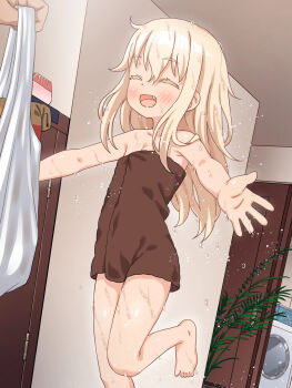  1boy 1girl after_bathing bag bare_shoulders barefoot blush breasts broiler brown_hair closed_eyes commission fang feet highres incoming_hug indoors legs loli long_hair messy_hair naked_towel open_mouth original outstretched_arms plastic_bag running skeb_commission small_breasts smile thighs toes towel wet  rating:Questionable score:73 user:danbooru