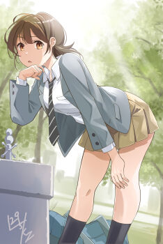  1girl absurdres bag black_necktie black_socks blazer brown_eyes brown_hair brown_skirt drinking_fountain grey_jacket hand_on_own_knee highres jacket leaning_forward necktie nikulas_cage original outdoors pleated_skirt school_bag school_uniform shirt skirt socks solo standing sunlight white_shirt wolf_cut 