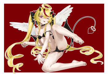  1girl agemmata alternate_costume alternate_hairstyle alternative_version_available black_bow black_bra black_horns black_panties blonde_hair bow bra crossed_bangs demon_tail feathered_wings feet full_body hair_between_eyes hair_bow hair_ornament hair_spread_out hairclip highres horns long_sidelocks lying multicolored_hair nail_polish one_eye_closed one_leg_raised panties phase_connect pointy_ears red_background red_bow red_eyes red_hair remilia_nephys sidelocks solo spread_toes streaked_hair tail tail_ornament toe-point toenail_polish toenails toes tongue tongue_out underwear very_long_sidelocks virtual_youtuber white_wings wiggling_toes wings wink  rating:Sensitive score:7 user:Nao