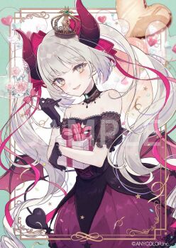  1girl :d balloon bare_shoulders black_dress black_gloves blush bow box breasts cleavage_cutout clothing_cutout collar copyright_name crown cutout demon_girl demon_horns demon_tail demon_wings detached_collar dot_nose dress drill_hair emma_august emma_august_(4th_costume) frilled_dress frills gift gift_box gloves green_background grey_hair hair_bow heart heart_balloon holding horns lace lace-trimmed_collar lace_trim long_hair looking_at_viewer mini_crown nijisanji official_art open_mouth pink_bow pointy_ears sample_watermark satsuki_(miicat) simple_background small_breasts smile solo star_(symbol) star_cutout tail tilted_headwear twin_drills twintails two-tone_dress very_long_hair virtual_youtuber watermark wings yellow_eyes 