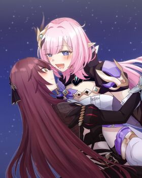  2girls black_dress black_shrug blue_eyes breasts brown_hair cleavage commentary corset dress eden_(honkai_impact) elf elysia_(honkai_impact) elysia_(miss_pink_elf)_(honkai_impact) english_commentary hair_ornament honkai_(series) honkai_impact_3rd large_breasts long_hair multiple_girls night night_sky open_mouth pink_hair pointy_ears shrug_(clothing) sky smile star_(sky) starry_sky toufu_0626 very_long_hair white_corset yellow_eyes yuri 