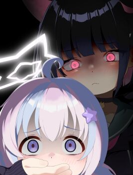  2girls :< ahoge animal_ears black_background black_choker black_hair blue_archive blunt_bangs blush bright_pupils cat_ears cat_girl chinese_commentary choker closed_mouth collarbone commentary_request covering_another's_mouth dark didac_fantasy extra_ears furrowed_brow green_sailor_collar hair_ornament hairclip halo hand_on_another's_mouth highres kazusa_(blue_archive) looking_at_another looking_at_viewer multiple_girls pink_eyes purple_eyes reisa_(blue_archive) sailor_collar school_uniform serafuku short_hair sleeves_past_wrists slit_pupils star_(symbol) star_hair_ornament star_halo tareme upper_body white_halo white_pupils wide-eyed you_gonna_get_raped 