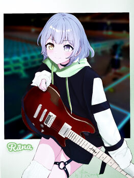  1girl aoki_hina bang_dream! bang_dream!_it&#039;s_mygo!!!!! black_choker black_hoodie blue_eyes blurry blurry_background border choker commentary electric_guitar gohannanaki guitar hetero highres hood hoodie instrument kaname_raana long_sleeves looking_at_viewer mitsuketa_keshiki_tazusaete outside_border photo-referenced photo_background solo thigh_strap thighhighs voice_actor_connection white_border white_thighhighs yellow_eyes 
