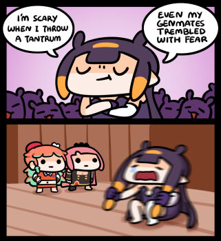  3girls aqua_hair bare_shoulders beret closed_mouth commentary crop_top crossed_arms dress earrings english_commentary frieren's_three-day_tantrum hat highres hololive hololive_english jewelry keenbiscuit long_hair mori_calliope mori_calliope_(1st_costume) multicolored_hair multiple_girls navel ninomae_ina'nis ninomae_ina'nis_(1st_costume) open_mouth orange_hair pink_hair purple_hair sitting skirt smile smirk sousou_no_frieren streaked_hair takanashi_kiara takanashi_kiara_(1st_costume) takodachi_(ninomae_ina'nis) tears tentacle_hair virtual_youtuber 