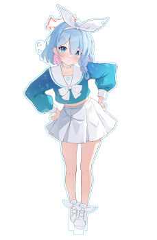 1girl :t arona_(blue_archive) blue_archive blue_eyes blue_hair blue_shirt blush bow bow_hairband bowtie braid choker colored_inner_hair commentary_request crop_top full_body hairband halo hands_on_own_hips highres leaning_to_the_side light_blue_hair long_sleeves looking_at_viewer multicolored_hair navel nonddu pink_hair pleated_skirt pout sailor_collar school_uniform serafuku shirt short_hair side_braid simple_background single_braid skirt solo thighs two-tone_hair v-shaped_eyebrows white_background white_bow white_bowtie white_choker white_hairband white_sailor_collar rating:General score:31 user:danbooru
