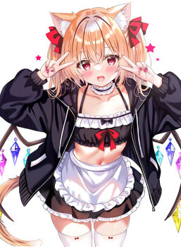  1girl :d animal_ear_fluff animal_ears apron bikini black_bikini black_jacket black_skirt blonde_hair blush bow cat_ears cat_tail choker collarbone commentary_request cowboy_shot double_v drawstring fang flandre_scarlet flat_chest frilled_choker frilled_skirt frills hair_between_eyes hair_bow jacket kemonomimi_mode long_sleeves looking_at_viewer maid maid_bikini medium_hair navel open_clothes open_jacket open_mouth puffy_short_sleeves puffy_sleeves purple_nails red_eyes rikatan short_sleeves simple_background skirt smile solo star_(symbol) swimsuit tail thighhighs touhou two_side_up unconventional_maid v white_apron white_background white_thighhighs wings zipper 