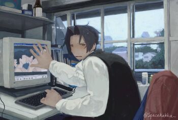  1boy ace_attorney ascot black_vest blush book bottle brown_eyes building cable caught chair clothes_on_chair computer computer_keyboard crt curtained_hair day desk embarrassed formal_clothes from_behind furrowed_brow grey_hair hand_up hatching_(texture) highres house hunched_over indoors jacket kiss long_bangs long_sleeves looking_at_viewer looking_back male_focus mature_eyes mature_male miles_edgeworth monitor no_nose office_chair on_chair painterly parted_bangs peanut_mouth pornography red_jacket shelf shirt short_hair sideways_glance sitting solo spacehakka sweat swivel_chair tree twitter_username upper_body vest waistcoat watching_pornography white_ascot white_shirt window yaoi 