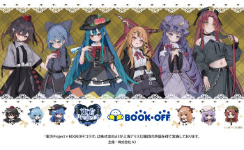  6+girls artist_collaboration black_choker blue_eyes book_off braid character_request chibi chibi_inset choker cirno company_logo copyright_logo crescent crescent_hat_ornament green_eyes green_hat hat hat_ornament highres holding holding_own_hair hong_meiling logo multiple_girls navel patchouli_knowledge peach_hat_ornament purple_eyes purple_robe red_eyes red_hair robe sailor_collar star_(symbol) touhou twin_braids white_sailor_collar 