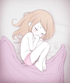  1girl bare_legs barefoot bed_sheet blanket blush brown_hair feet female_focus full_body highres loli lying medium_hair on_back original pink_shorts pinkbunnyjuice short_shorts shorts sleeping solo thighs toes topless_female 