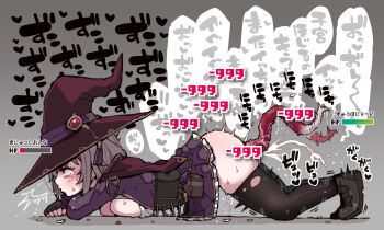 1girl bestiality black_corset black_shoes breasts cape corset damage_numbers es_(eisis) female_ejaculation frilled_skirt frills gameplay_mechanics hat health_bar highres original red_eyes shoes skirt snake thighhighs witch_hat 