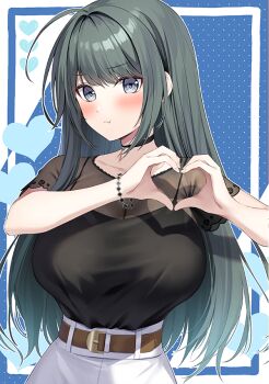  1girl :t belt belt_buckle black_shirt blue_background blush bracelet breasts brown_belt buckle closed_mouth commentary_request green_hair heart heart_hands huge_breasts jewelry looking_at_viewer making_lovely official_art oryo_(oryo04) polka_dot polka_dot_background pout second-party_source shirase_rikka shirt solo 