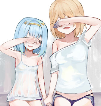  2girls arm_up blonde_hair blue_hair blue_shorts breasts censored commentary covering_own_eyes english_commentary facing_viewer fake_censor highres holding_hands holding_hands_is_lewd jelly_hoshiumi kaneko_lumi medium_breasts mosaic_censoring multiple_girls off-shoulder_shirt off_shoulder ok1teru open_mouth phase_connect shirt short_hair short_sleeves shorts sitting small_breasts virtual_youtuber white_shirt 