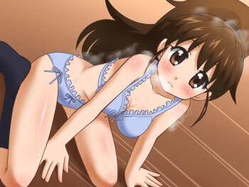 awa black_legwear blue_bra blue_panties blush bra breasts brown_eyes brown_hair cleavage frilled_bra frilled_panties frills frown long_hair looking_at_viewer panties ponytail sitting socks steam sweat taneshima_popura underwear underwear_only wariza working!! rating:Questionable score:47 user:internetlovemachine