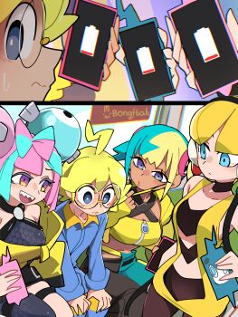  1boy 3girls absurdres aqua_hair averting_eyes baggy_pants bandeau bare_shoulders battery_indicator black_choker black_mask black_pantyhose blonde_hair blue_eyes blue_hair blunt_bangs blush bongftah breasts canari_(pokemon) center-flap_bangs choker clemont_(pokemon) collarbone commentary_request criss-cross_halter criss-cross_straps dark-skinned_female dark_skin elesa_(pokemon) embarrassed gen_4_pokemon glass halter_shirt halterneck headphones highres holding holding_phone iono_(pokemon) jacket large_breasts long_hair long_sleeves low_neckline mask mask_pull medium_breasts mega_stone midriff mouth_mask multicolored_hair multiple_girls navel nintendo pants pantyhose phone pink_hair pokemon pokemon_bw pokemon_legends:_z-a pokemon_sv pokemon_xy rotom rotom_phone sharp_teeth short_hair short_twintails smile split-color_clothes split-color_hair sports_bra surrounded sweat teeth twintails two-tone_hair two-tone_mask two-tone_pants yellow_bandeau yellow_jacket yellow_mask yellow_sports_bra you_gonna_get_raped 