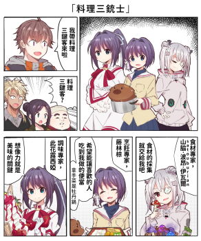  3boys 4girls :d ahoge bento black_hair blue_eyes blue_shirt blunt_ends boar bob_cut botan_(clannad) brown_hair character_request chinese_commentary chinese_text clannad closed_eyes closed_mouth commentary_request company_connection cowboy_shot crossover crown double_bun dress eyepatch facing_viewer food frilled_sleeves frills fujibayashi_ryou gloves hair_bun hair_intakes hand_up heaven_burns_red highres hikarizaka_private_high_school_uniform holding holding_bento holding_mushroom jacket kazamatsuri_institute_high_school_uniform key_(company) konohana_lucia lliissaawwuu2 long_hair long_sleeves looking_at_viewer medium_hair mini_crown multiple_boys multiple_crossover multiple_girls mushroom neck_ribbon one_eye_covered open_mouth parfait ponytail portrait purple_hair red_eyes red_ribbon rewrite ribbon school_uniform serafuku shirt short_hair sidelocks simple_background smile smug speech_bubble spiked_hair split_mouth tareme thick_eyebrows trait_connection translation_request turtleneck turtleneck_shirt twintails upper_body white_background white_dress white_gloves white_hair wide_sleeves yamawaki_bon_ivar yellow_jacket |_| 