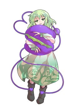  1girl alphes_(style) alternate_costume commentary_request commission dairi dress floral_print full_body gradient_clothes gradient_dress green_dress green_eyes green_hair grey_shoes hair_between_eyes half-closed_eyes heart heart_of_string highres holding holding_pillow komeiji_koishi long_sleeves looking_at_viewer parody pillow puffy_long_sleeves puffy_sleeves rose_print shoes simple_background skeb_commission smile solo style_parody tachi-e third_eye touhou transparent_background yellow_pupils 