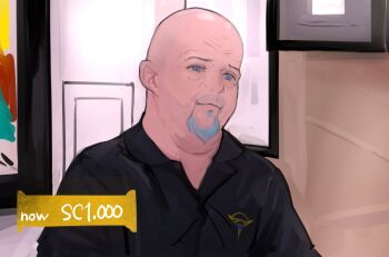  1boy bald black_shirt blue_eyes english_text facial_hair furrowed_brow goatee grey_hair higemu highres indoors long_sleeves looking_at_another male_focus painting_(object) pawn_stars real_life rick_harrison shirt upper_body 