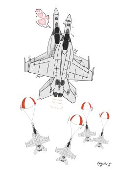  aircraft airplane commentary english_commentary f-18_hornet fighter_jet heart highres military_vehicle no_humans original parachute quid_ryo sexually_suggestive twitter_username 