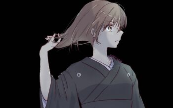  1girl black_background black_kimono brown_eyes brown_hair closed_mouth commentary funeral_kimono highres japanese_clothes kimono looking_to_the_side medium_hair misaka_mikoto official_alternate_costume pinkgekota0502 solo symbol-only_commentary toaru_majutsu_no_index toaru_majutsu_no_index:_genesis_testament twitter_username untying_hair upper_body wide_sleeves 