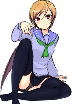  1girl 9rimson black_panties black_skirt black_thighhighs blue_shirt brown_hair character_request closed_mouth commentary_request copyright_request full_body hair_between_eyes hand_up highres knee_up long_sleeves looking_at_viewer miniskirt no_shoes panties red_eyes shirt short_hair simple_background sitting sketch skirt smile solo thighhighs underwear white_background 