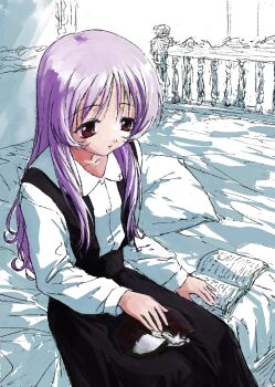  1girl 2fulun animal animal_on_lap black_cat black_skirt cat cat_on_lap collared_shirt commentary english_commentary faux_retro_artstyle highres himekawa_kotone indoors long_hair long_sleeves on_bed on_lap partially_colored purple_hair red_eyes shirt sitting sketch skirt solo to_heart to_heart_(series) white_shirt 