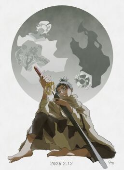  1boy 2girls cloak collared_cloak commentary_request highres holding holding_sheath holding_sword holding_weapon kagurabachi katana kumeyuri_(sword) makeup male_focus multiple_girls oiran sheath short_hair sitting solo_focus sword topknot unsheathing uruha_youji weapon 