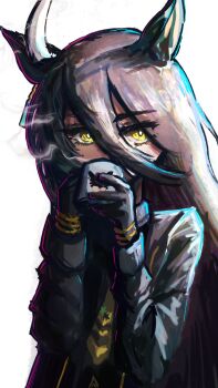  1girl ahoge animal_ears animal_print black_coat black_gloves black_shirt cat_print coat collared_shirt cup drinking ear_ornament ear_tag earrings gloves hair_between_eyes hands_up highres horse_ears horse_girl jewelry long_hair_between_eyes long_sleeves manhattan_cafe_(creeping_shadow)_(umamusume) manhattan_cafe_(umamusume) mug multicolored_hair necktie rin's_tea s/b shirt single_earring solo steam steaming_cup umamusume white_background white_hair yellow_eyes yellow_necktie 