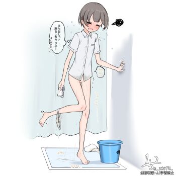  1girl barefoot blush brown_hair collared_shirt commentary_request embarrassed flying_sweatdrops full_body highres holding leg_up open_mouth original paid_reward_available panties panties_around_leg pee pee_pad peeing puddle shirt short_hair short_sleeves solo speech_bubble spoken_squiggle squiggle standing standing_on_one_leg sweat thought_bubble translation_request trembling underwear white_panties white_shirt zagashira 