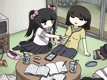  2girls black_hair bow cellphone closed_eyes cup drawing_(object) drinking_glass earbuds earphones eraser fuchina_(fucinami) game_console gamecube gamecube_controller hair_bow highres indoors long_hair mechanical_pencil multiple_girls notebook on_floor original pants pencil phone purple_bow purple_hair sailor_collar school_uniform scissors serafuku sitting skirt smartphone sweatpants television two_side_up white_sailor_collar 