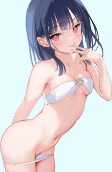 1girl ass bikini blue_hair breasts ichigo_(mignon) mignon navel red_eyes small_breasts solo swimsuit tagme tongue tongue_out rating:Questionable score:159 user:10100111001