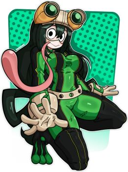 :> absurdres asui_tsuyu asui_tsuyu_(hero_outfit) black_eyes bodysuit boku_no_hero_academia commentary emmavania frog_girl green_bodysuit hair_rings highres long_hair long_tongue low-tied_long_hair tongue very_long_tongue