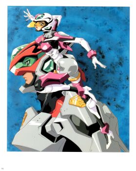  1990s_(style) 1997 1boy 1girl armor ass bodysuit breastplate breasts brown_eyes curvy erika_tinen full_body gloves helmet highleg highleg_leotard highres impossible_bodysuit impossible_clothes impossible_leotard jumping leotard lipstick looking_ahead makeup official_art oobari_masami retro_artstyle scan serge_train shiny_clothes simple_background smile thong_leotard upper_body virus_buster_serge white_background wide_hips 